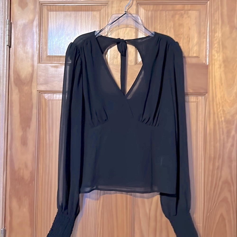 Black, sheer blouse , Princess line cut, bow ties at the top across the back.